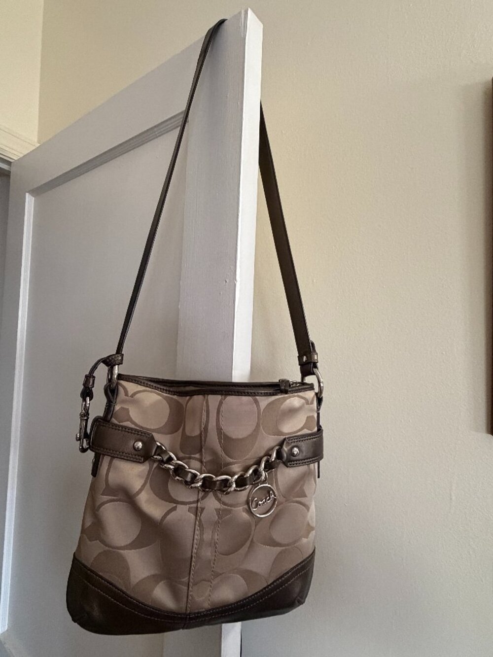 Coach Signature Jacquard Hobo Shoulder Bag Brown Chain F19330